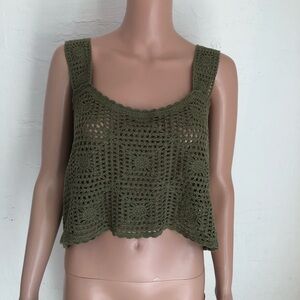 New In Olive Green Knitted Crochet Cropped Floral Tank-Top Women’s Size M/L